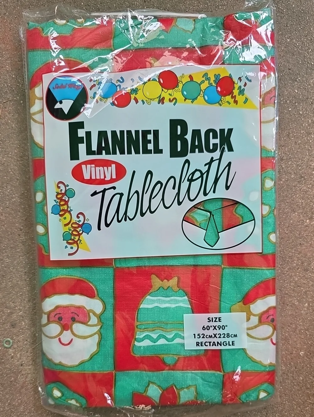 Flannel-Back Vinyl Holiday Tablecloth - Santa & Bells - Red/Green